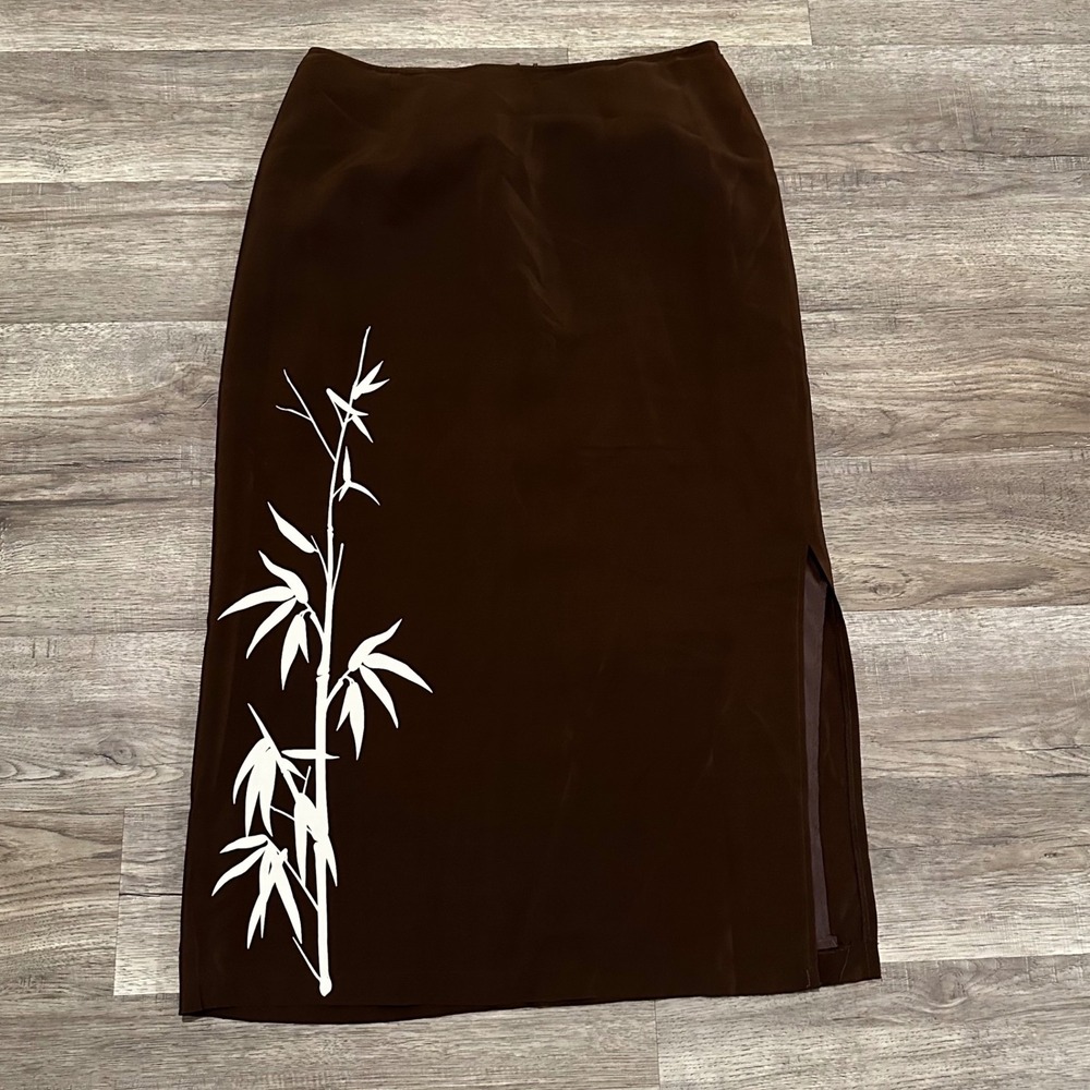 Russell Kemp Collection Brown 100% Silk Bamboo Print Maxi Skirt Side Slit Sz 14